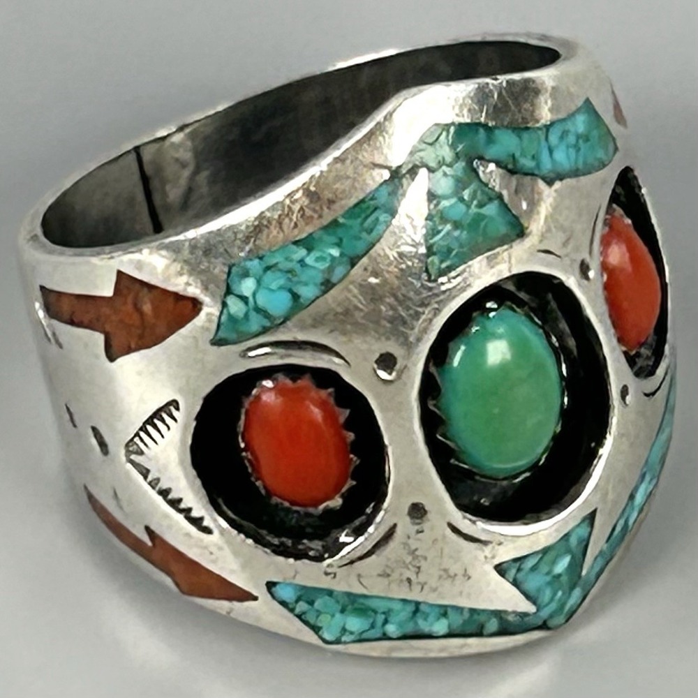 Navajo Turquoise Coral Shadowbox Chip Inlay Silver Ring Sz 10 Vintage